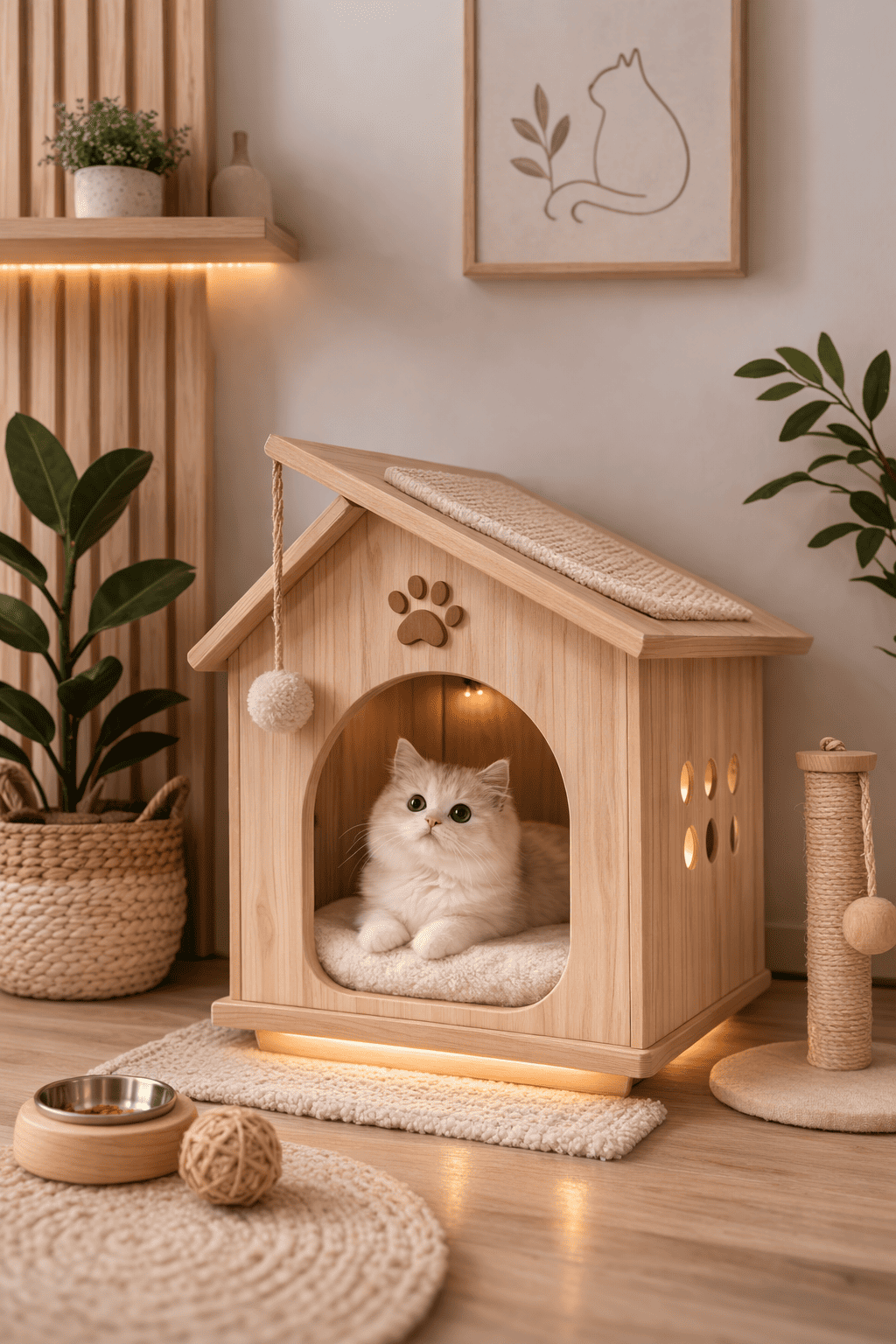 Rumah Kucing Minimalis Kayu Natural yang Hangat dan Homey