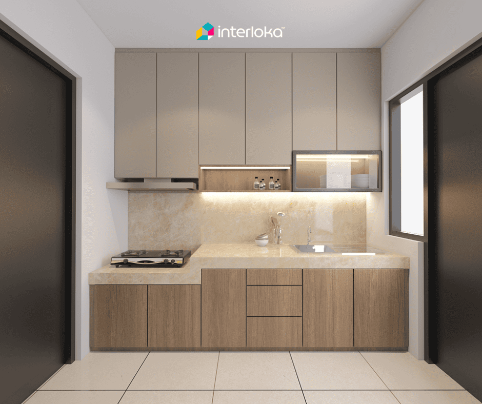 Dapur Linear dengan Kabinet Atas Hingga Plafon