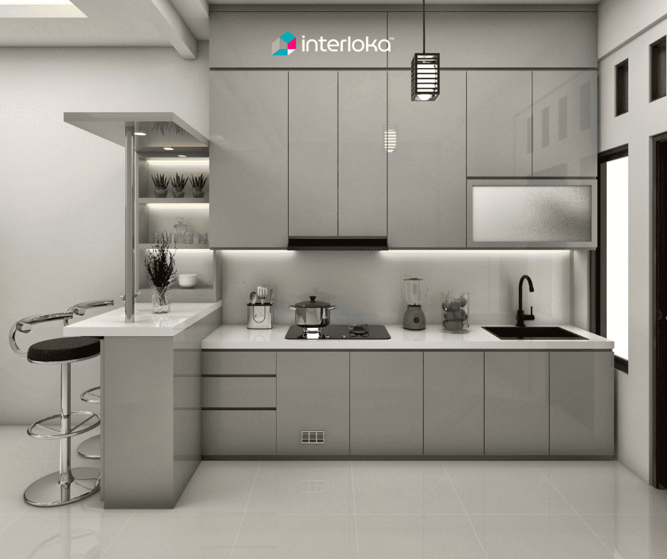 Dapur Letter L dengan Meja Bar Mini yang Fungsional