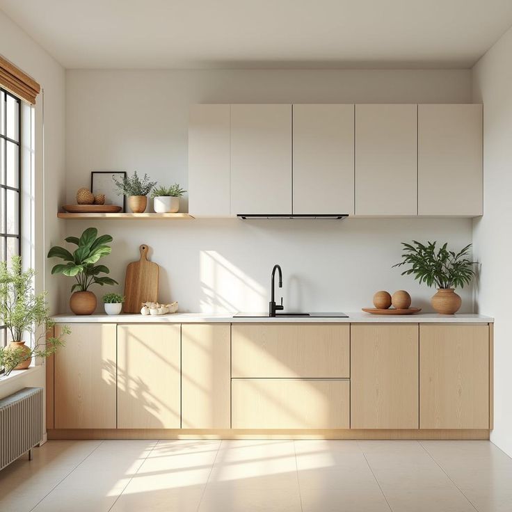Dapur Linear dengan Sentuhan Kayu Natura