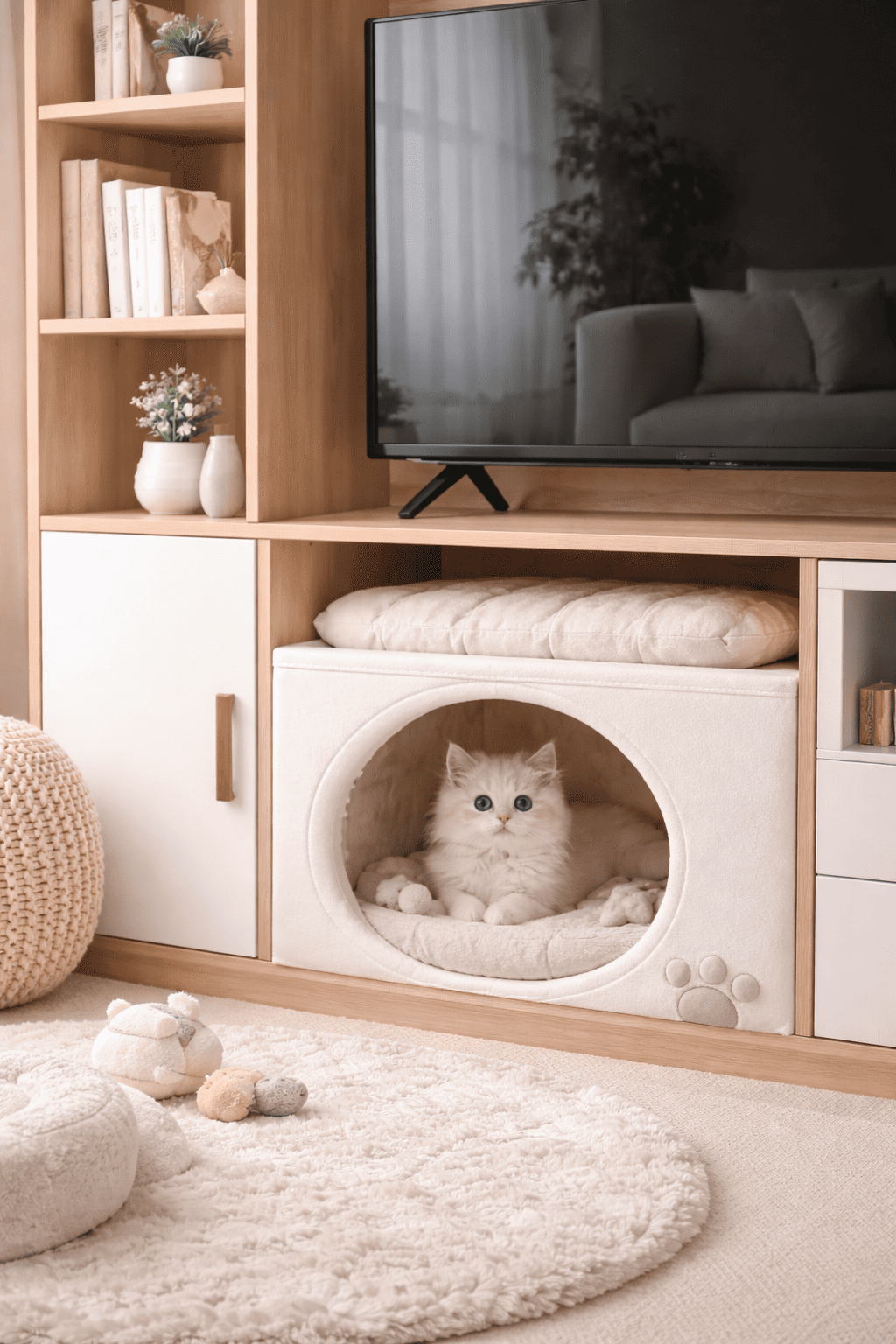 Rumah Kucing Menyatu dengan Rak atau Kabinet