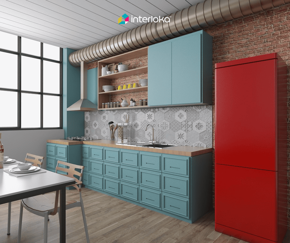 Dapur Linear dengan Backsplash Motif
