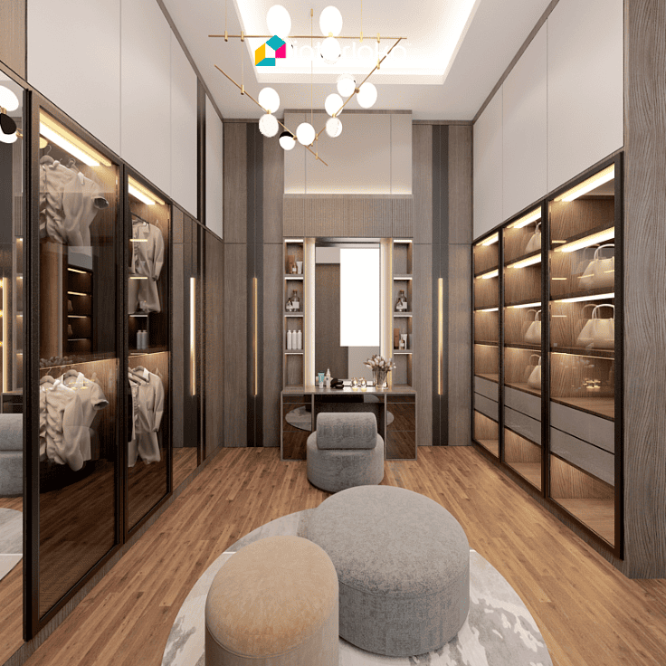 Walk in Closet dengan Pencahayaan LED Elegan
