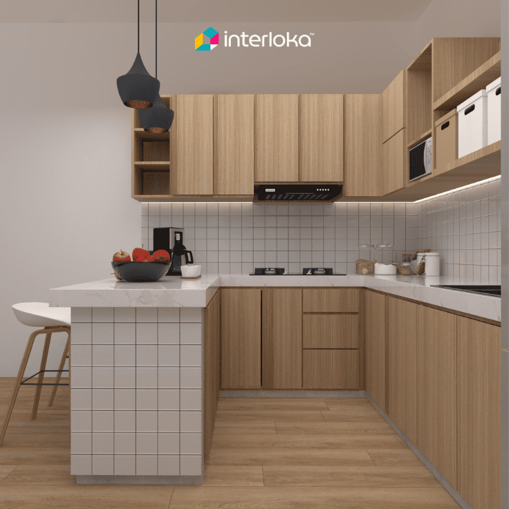 Dapur Letter U dengan Sentuhan Material Kayu