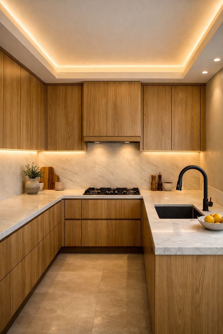 Dapur Letter U dengan Pencahayaan Estetik