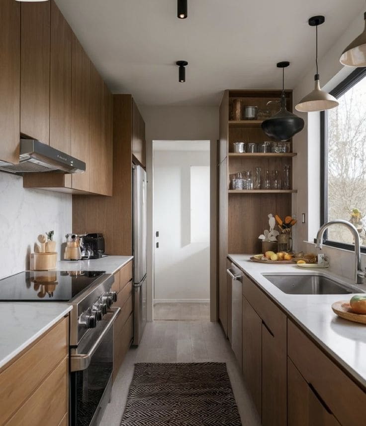 Galley Kitchen dengan Sentuhan Kayu Natural