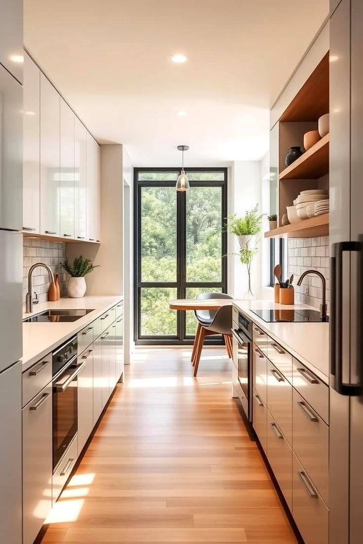 Galley Kitchen dengan Jendela Besar