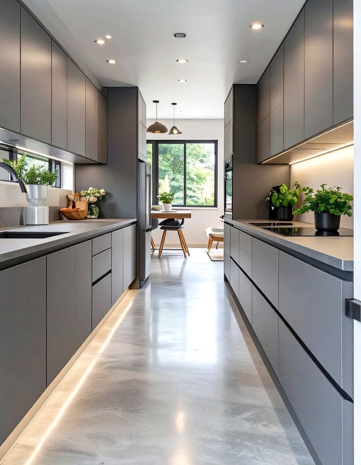 Galley Kitchen dengan Nuansa Abu-Abu Modern