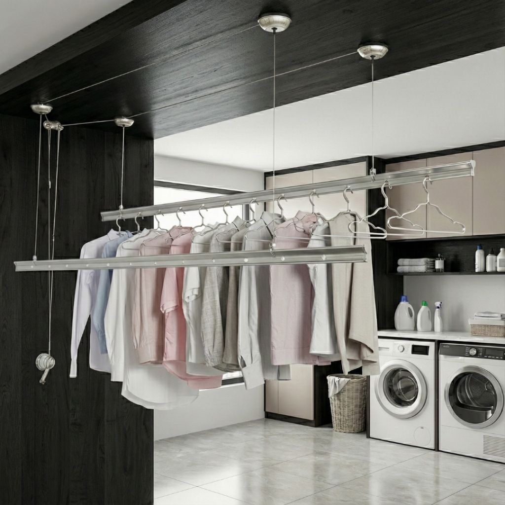 Jemuran Plafon dengan Sistem Katrol yang Efisien