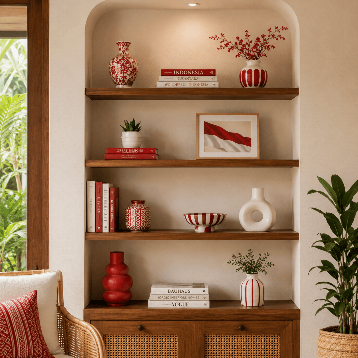 Rak Display Bernuansa Merah Putih