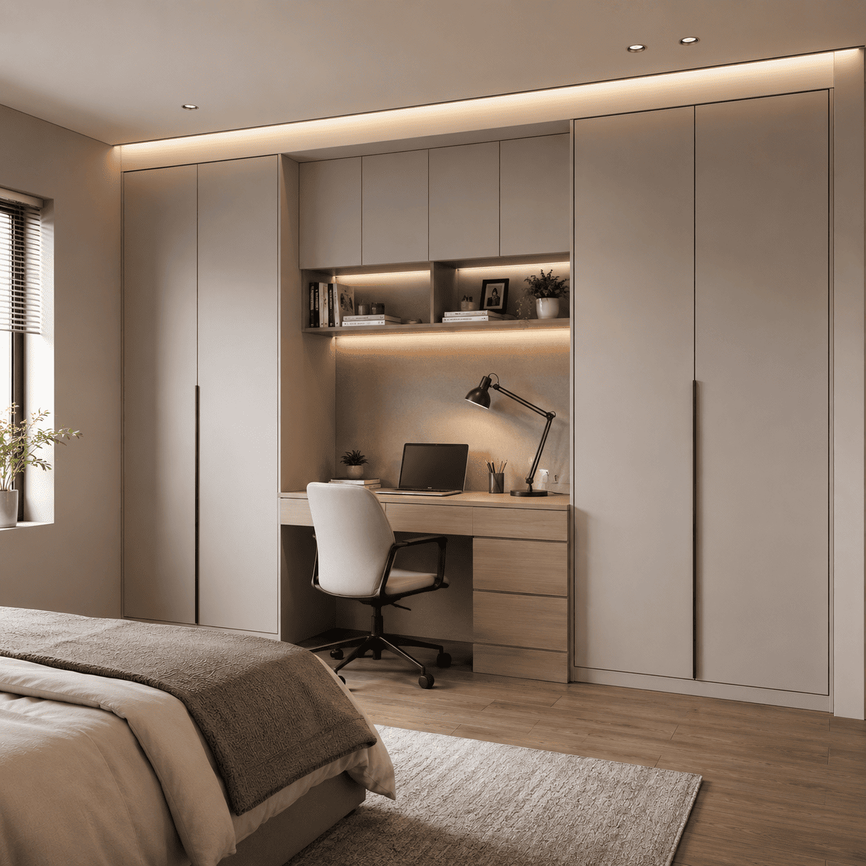 Built-in Wardrobe yang Menyatu dengan Area Kerja