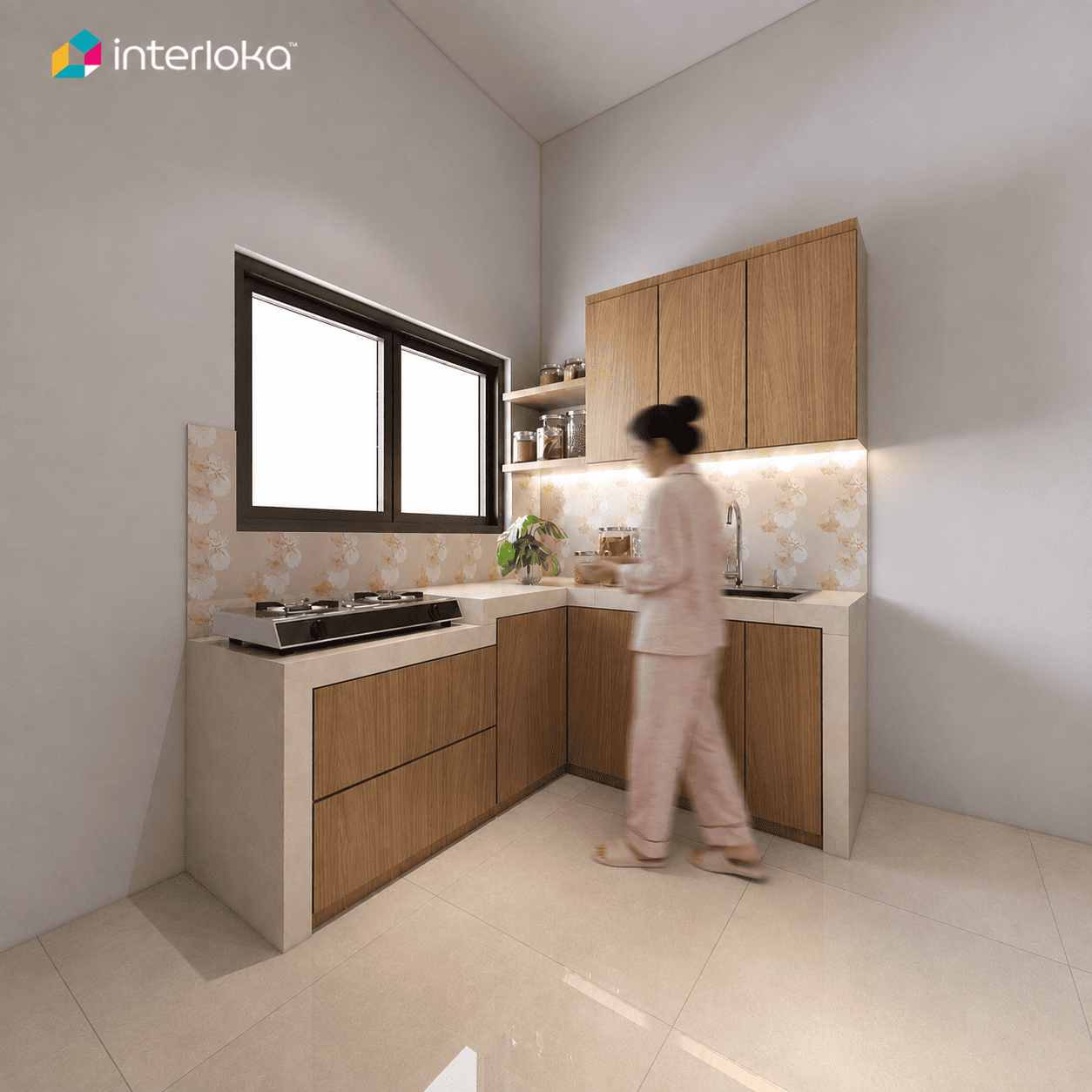 Dapur Letter L Kombinasi Kayu Natural