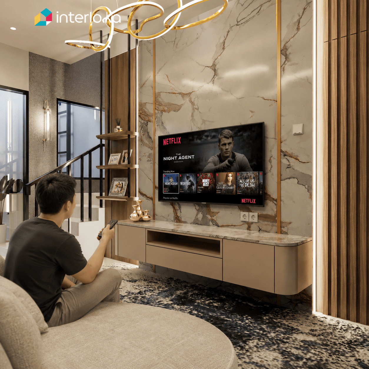 Backdrop TV Motif Marmer dengan LED Warm White