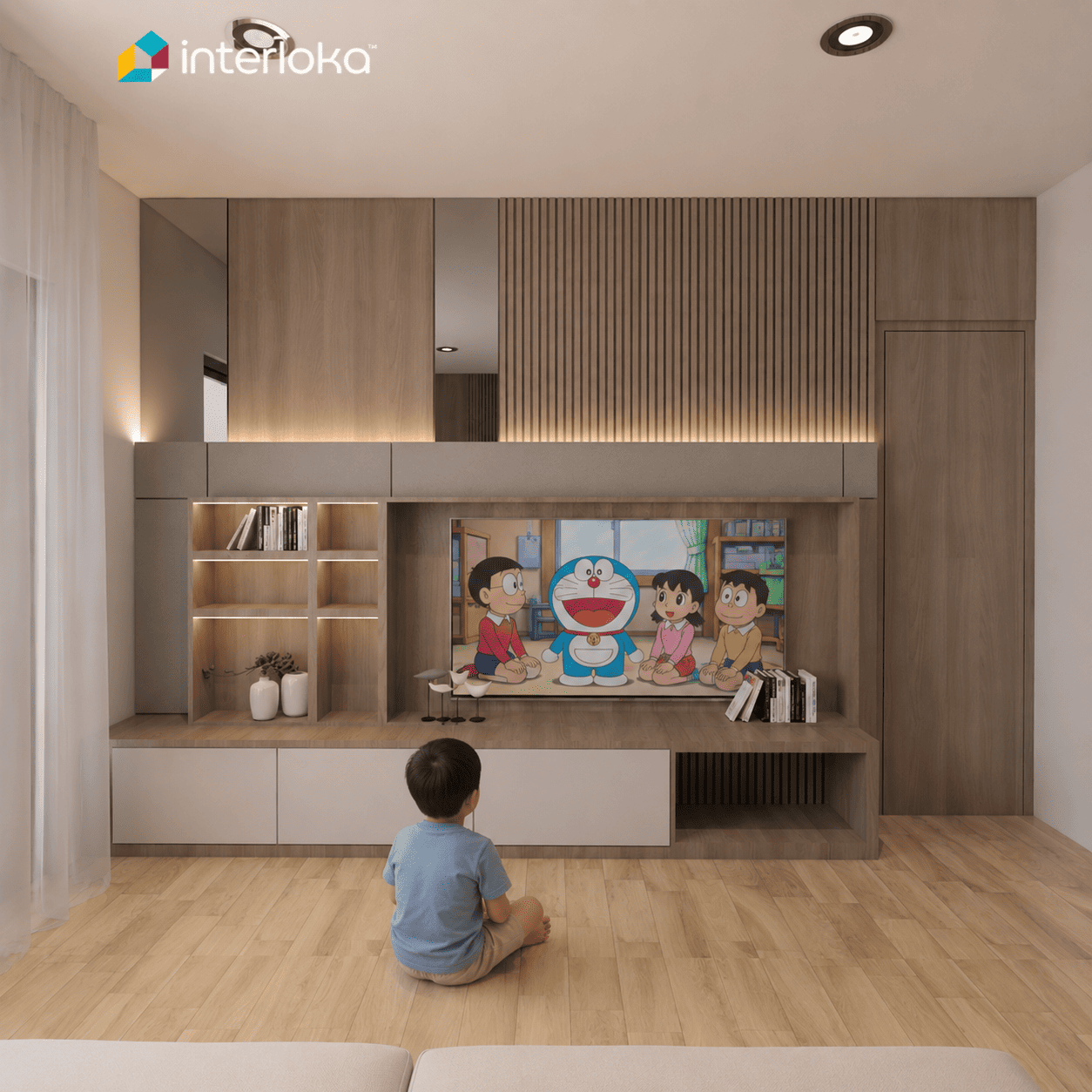 Backdrop TV Panel Kayu dengan LED