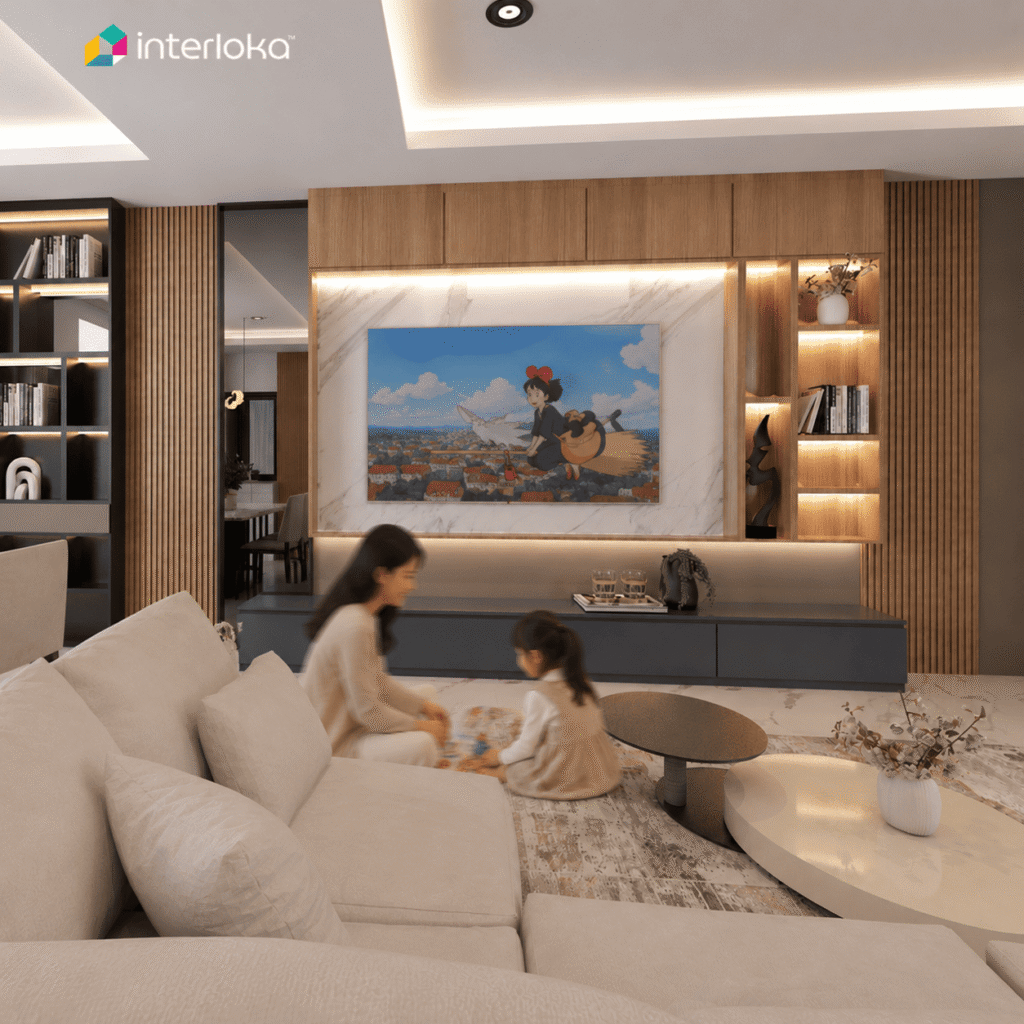 Backdrop TV dengan Rak Display