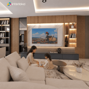 Backdrop TV dengan Rak Display