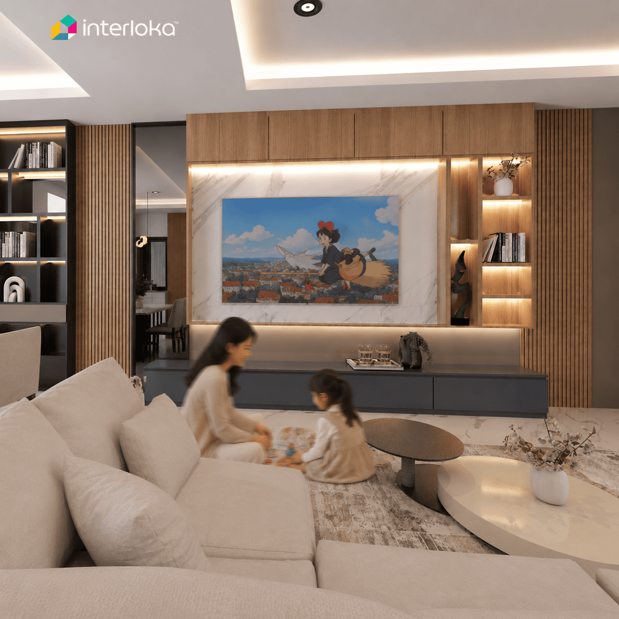 Backdrop TV dengan Rak Display