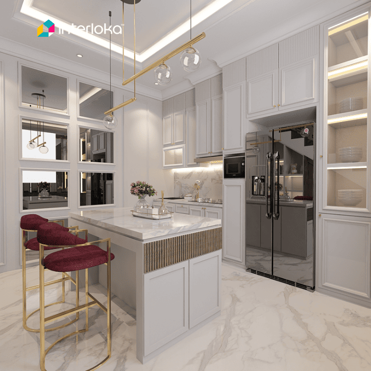 Kitchen Island Minimalis dengan Countertop Marmer